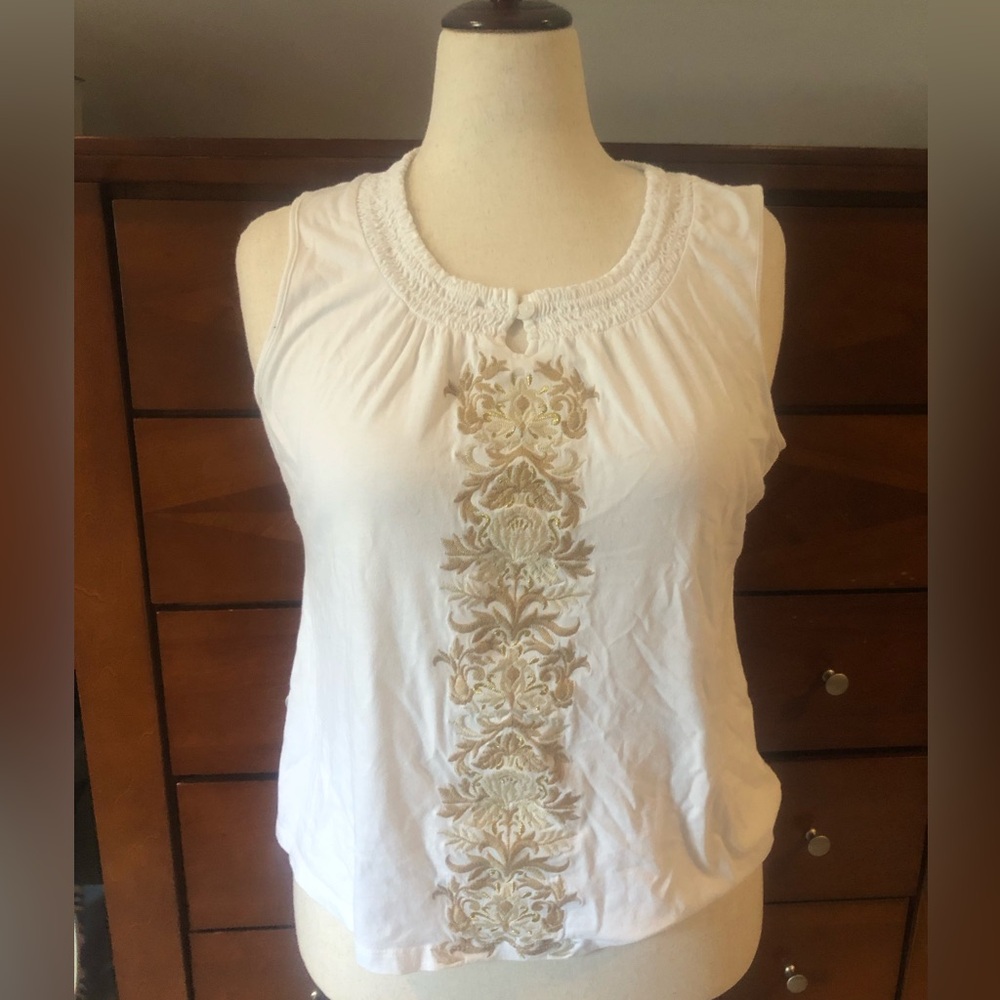 croft & barrow White Sleeveless Tank with Gold Embroidery